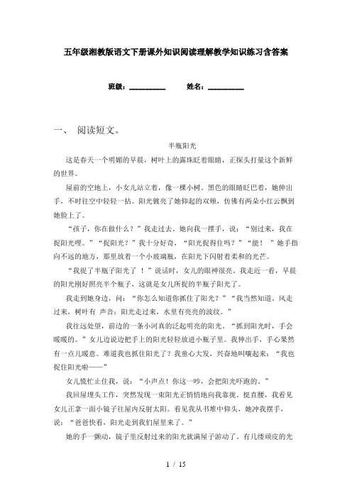 五年级湘教版语文下册课外知识阅读理解教学知识练习含答案