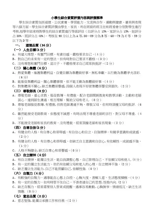 小学生综合素质评价内容与评价标准