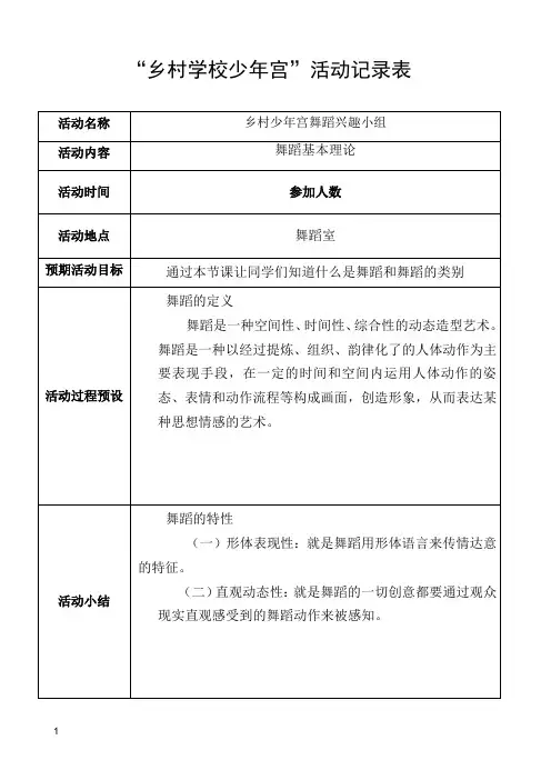 少年宫舞蹈记录表