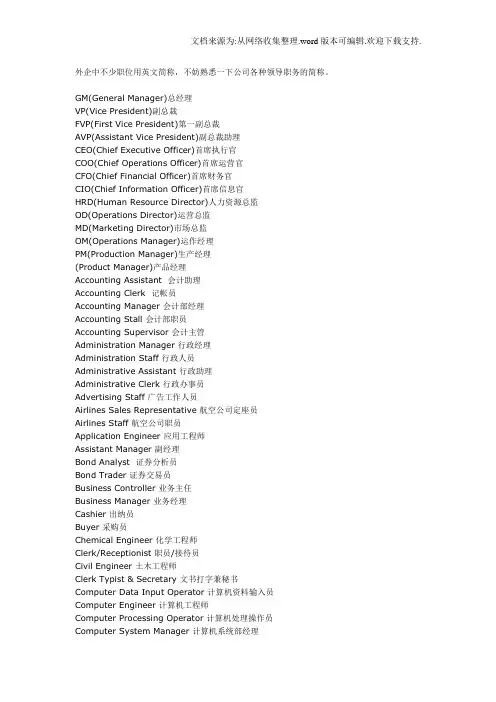 企业各部门以及职位简称