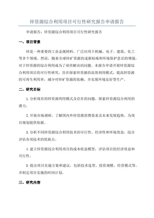 锌资源综合利用项目可行性研究报告申请报告