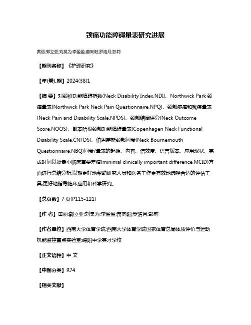 颈痛功能障碍量表研究进展