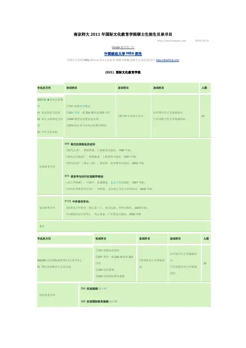 南京师大2011年国际文化教育学院硕士生招生目录书目