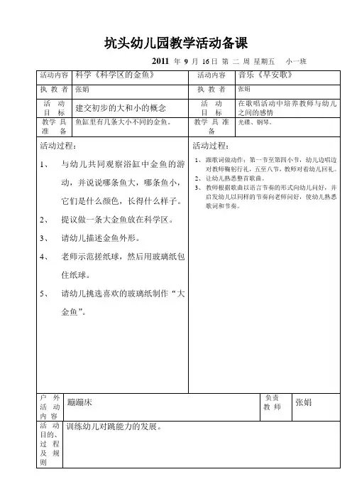 坑头幼儿园2011学年第一学期小一班备课,第2周星期五