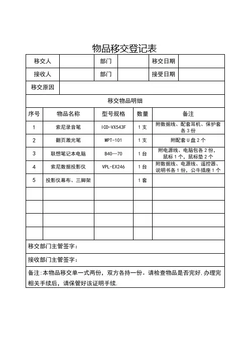 物品移交登记表(模板)