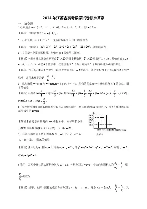 2014江苏高考数学试卷含答案(校正精确版)