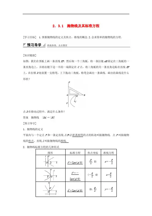 高中数学 第二章 圆锥曲线与方程 2.3.1 抛物线及其标准方程教学案 新人教B版选修11