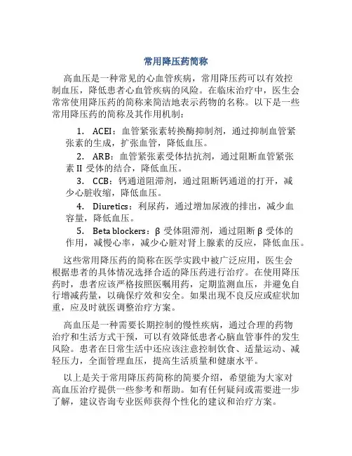 常用降压药简称