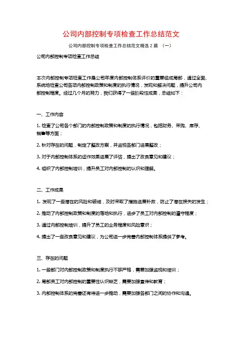 公司内部控制专项检查工作总结范文2篇