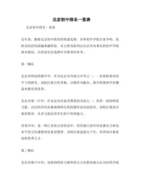 北京初中排名一览表