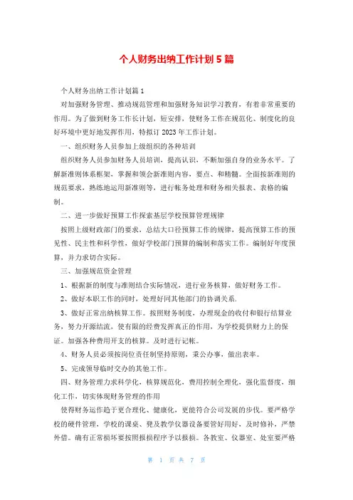 个人财务出纳工作计划5篇