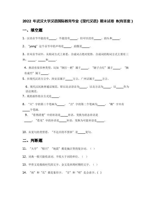 2022年武汉大学汉语国际教育专业《现代汉语》期末试卷B(有答案)