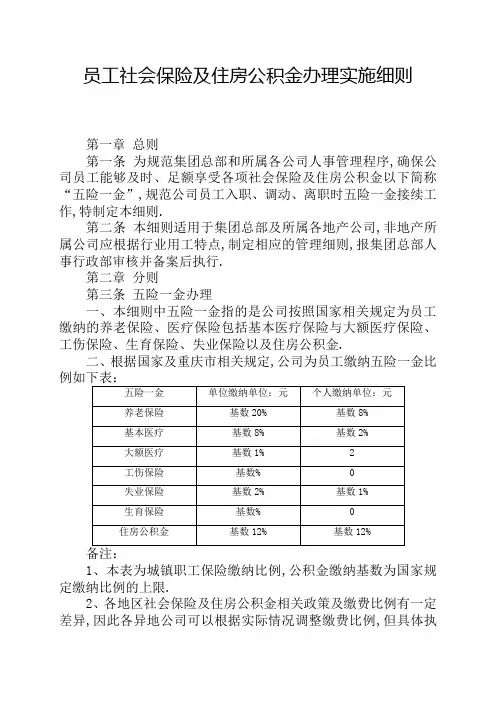 金科员工社会保险及住房公积金办理实施细则