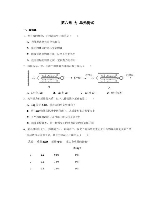 2020-2021学年苏科版八年级下册物理 第八章 力 单元测试(含解析)