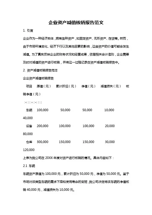 企业资产减值核销报告范文