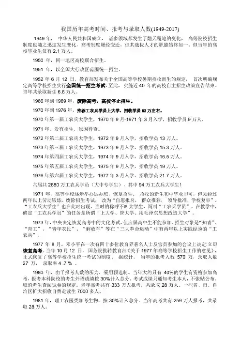我国历年高考时间、报考及录取人数(1949-2017)