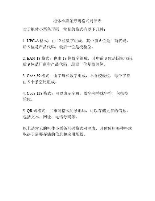 柜体小票条形码格式对照表