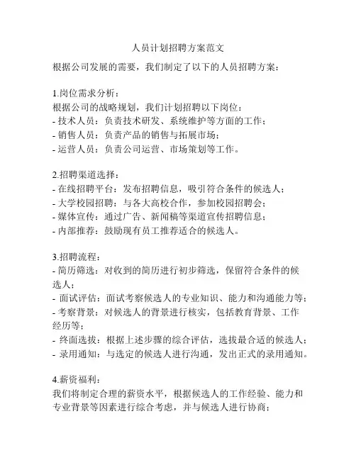 人员计划招聘方案范文