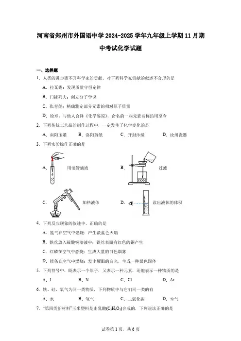 河南省郑州市外国语中学2024-2025学年九年级上学期11月期中考试化学试题