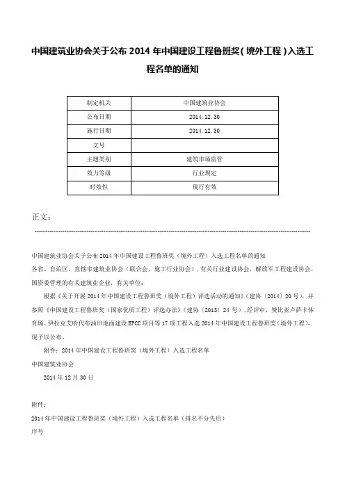 中国建筑业协会关于公布2014年中国建设工程鲁班奖（境外工程）入选工程名单的通知-
