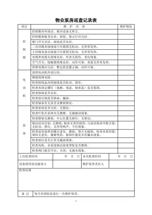 物业泵房巡查记录表