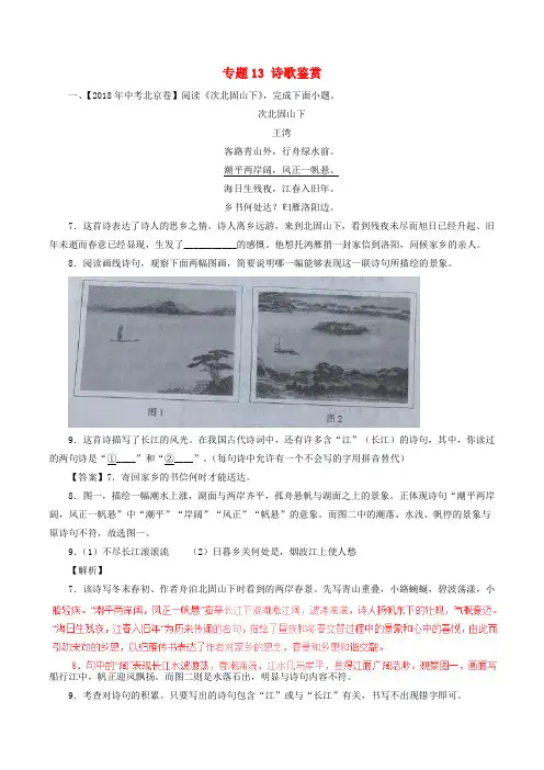2018年中考语文试题分项版解析汇编(第02期)专题13 诗歌鉴赏(含解析)