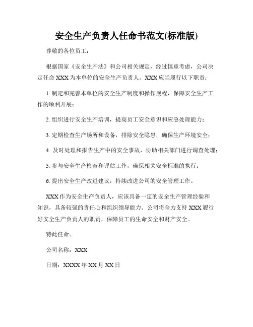 安全生产负责人任命书范文(标准版)
