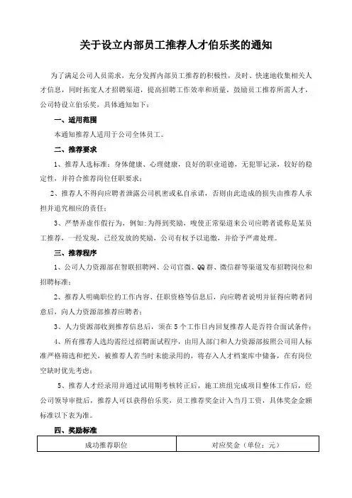 关于设立内部员工推荐人才伯乐奖的通知