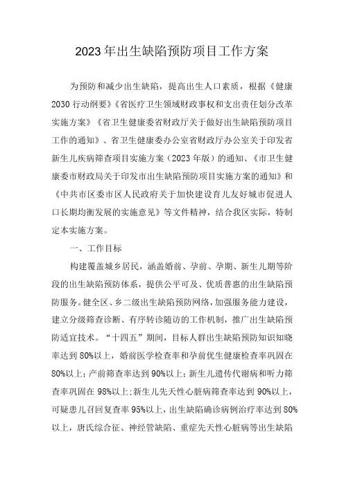 2023年出生缺陷预防项目工作方案