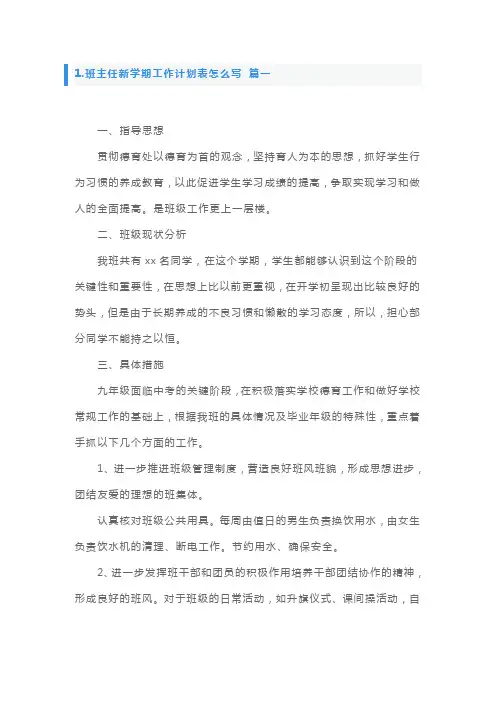 班主任新学期工作计划表怎么写10篇