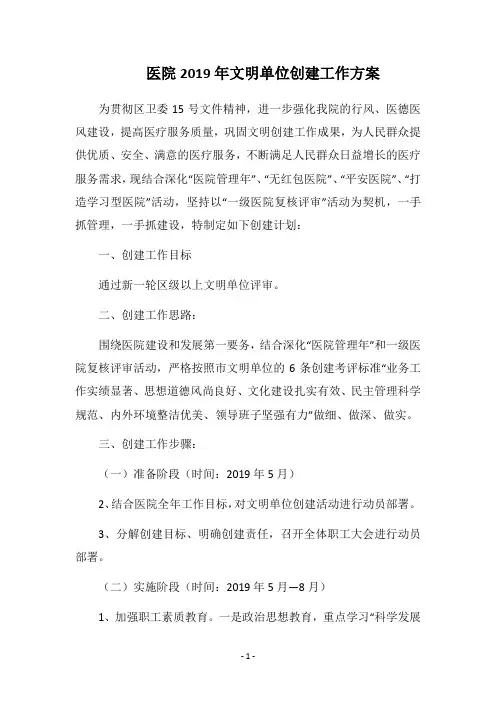 2019医院文明单位创建工作方案