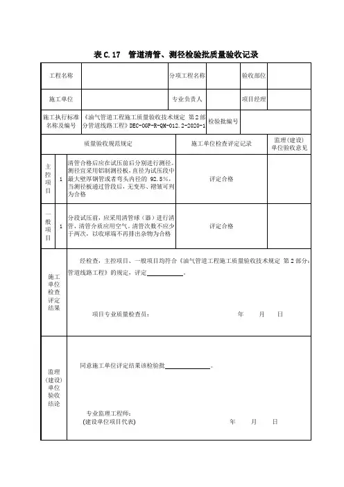 管道清管、测径检验批质量验收记录