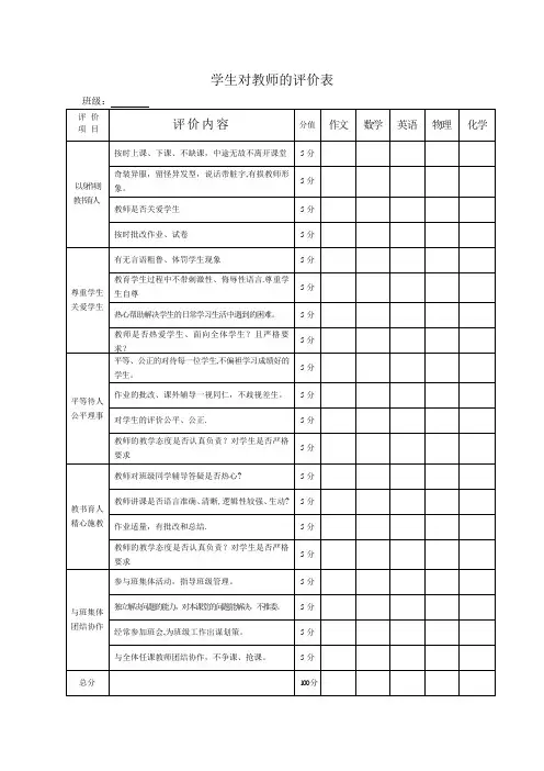 学生对教师的评价表