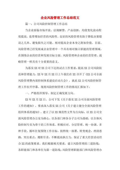 2019年企业风险管理工作总结范文