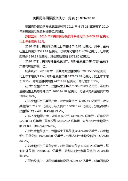美国历年国际投资头寸一览表（1976-2010