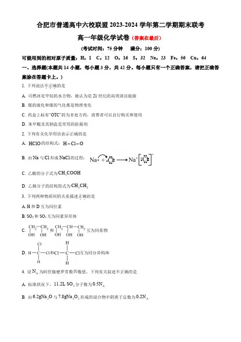 安徽省合肥市普通高中六校联盟2023-2024学年高一下学期期末联考试题 化学含答案