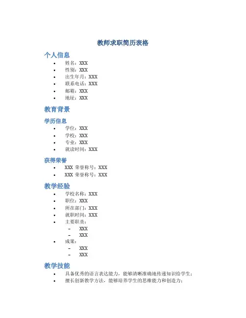 教师求职简历表格