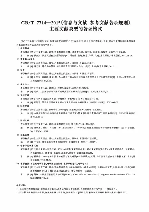 GBT 7714—2015《信息与文献 参考文献著录规则》主要文献类型的著录格式