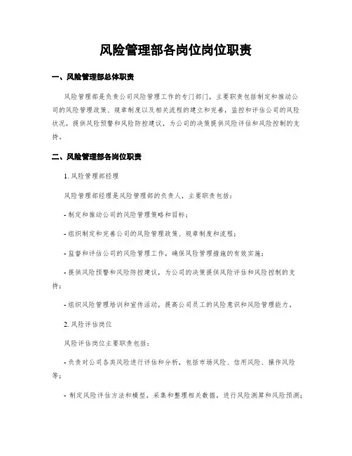 风险管理部各岗位岗位职责