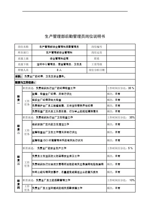 奥康集团生产管理部后勤管理员岗位说明书