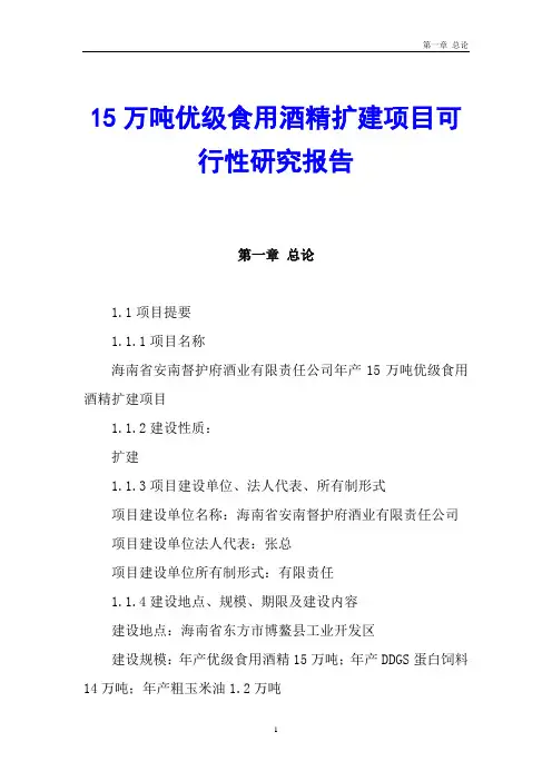 15万吨优级食用酒精扩建项目可行性研究报告