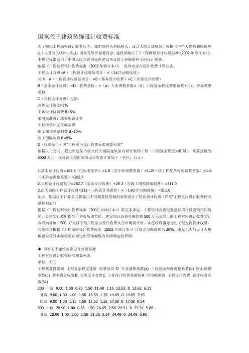 国家关于建筑装饰设计收费标准