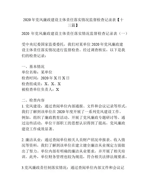 2020年党风廉政建设主体责任落实情况监督检查记录表【十三篇】