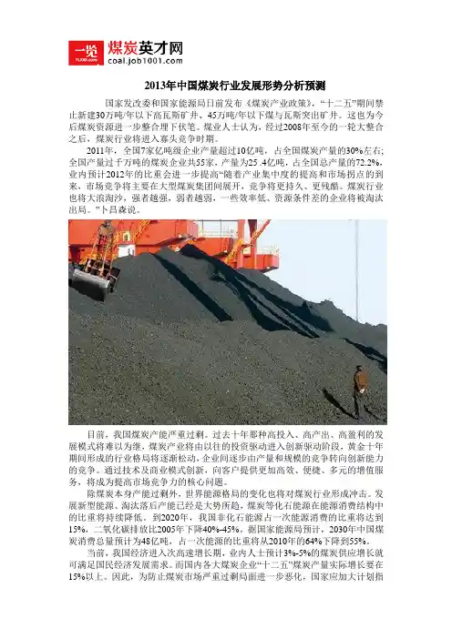 2013年中国煤炭行业发展形势分析预测