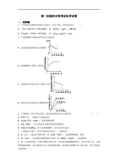 高一实验班分班考试化学试卷