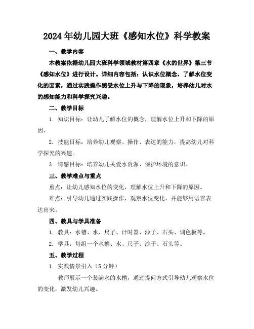 2024年幼儿园大班《感知水位》科学教案