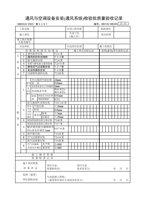 通风与空调设备安装(通风系统)检验批质量验收记录