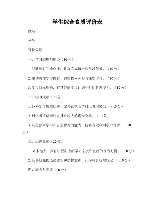 学生综合素质评价表