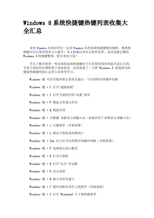 Windows 8系统快捷键热键列表收集大全汇总