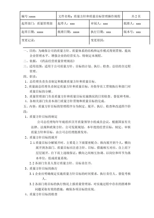 GSP医药批发质量方针和质量目标管理操作规程